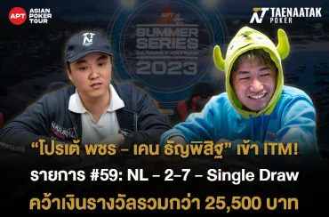ทีมไทยสนั่น ITM! ขอแสดงความยินดีกับ “โปรเต้ พชร” และ “เคน ธัญพิสิฐ” ที่ผ่านเข้าไปคว้า In The Money รายการ #59: NL - 2-7 - Single Draw ในศึก APT Summer Series Da Nang 2023 ของทาง Asian Poker Tour รับเงินรางวัลรวมกว่า 25,500 บาท จากค่าสมัครเพียง 4,500 บาท!
