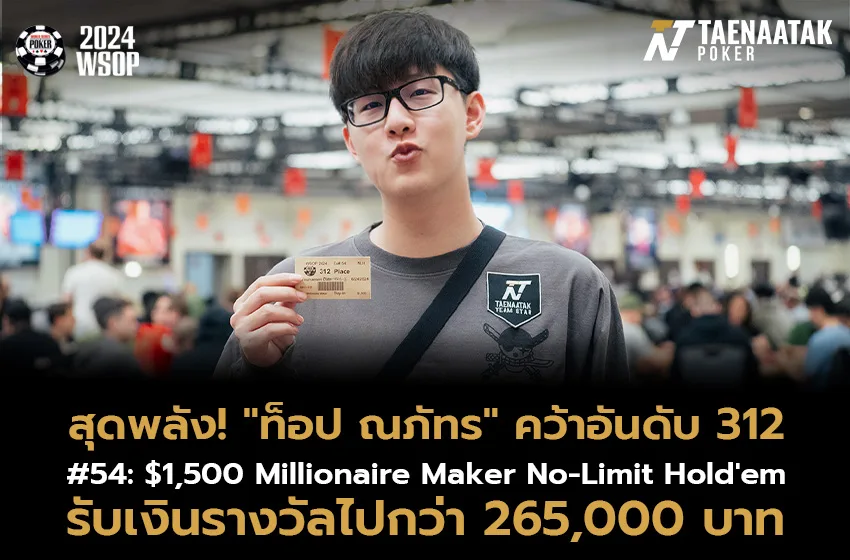 สุดพลัง! “ท็อป ณภัทร” คว้าอันดับ 312 พร้อมเงินรางวัล 265,000 บาท ในรายการ #54: $1,500 Millionaire Maker No-Limit Hold'em